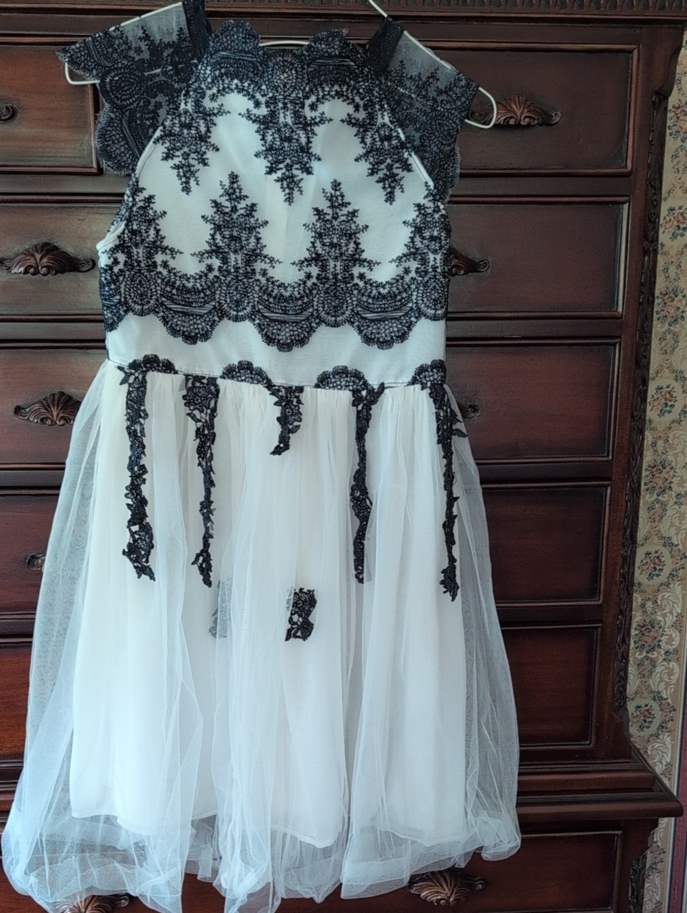 Junior White Tulle Dress with Navy Blue Lace Appliqué